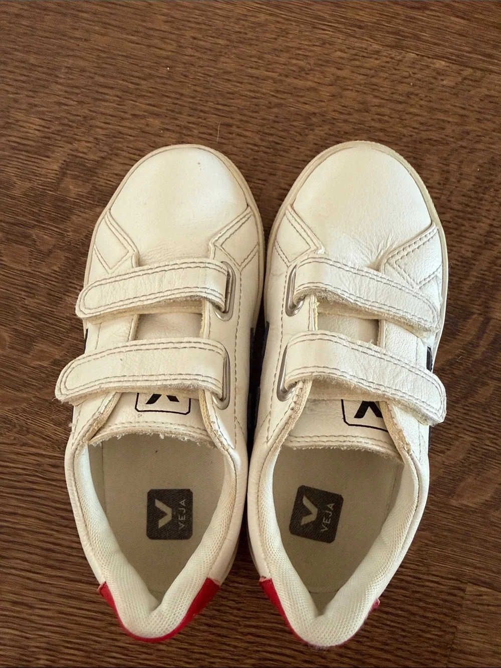 Veja Kids Esplar White Leather Velcro Sneakers with Navy V and Red Heel